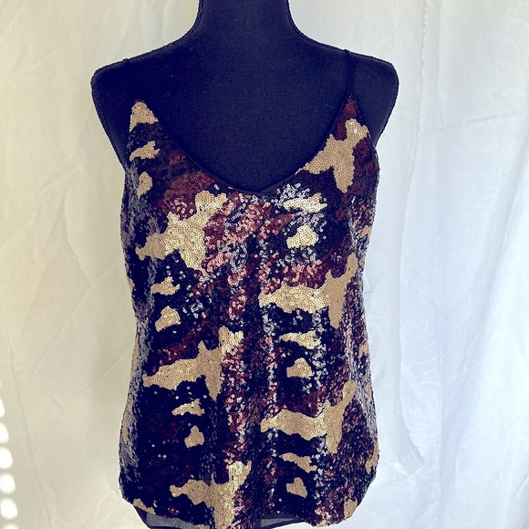 NWT THREE EIGHTY TWO sequined gold, black, and bronze evening top. Size Small. - Picture 6 of 9